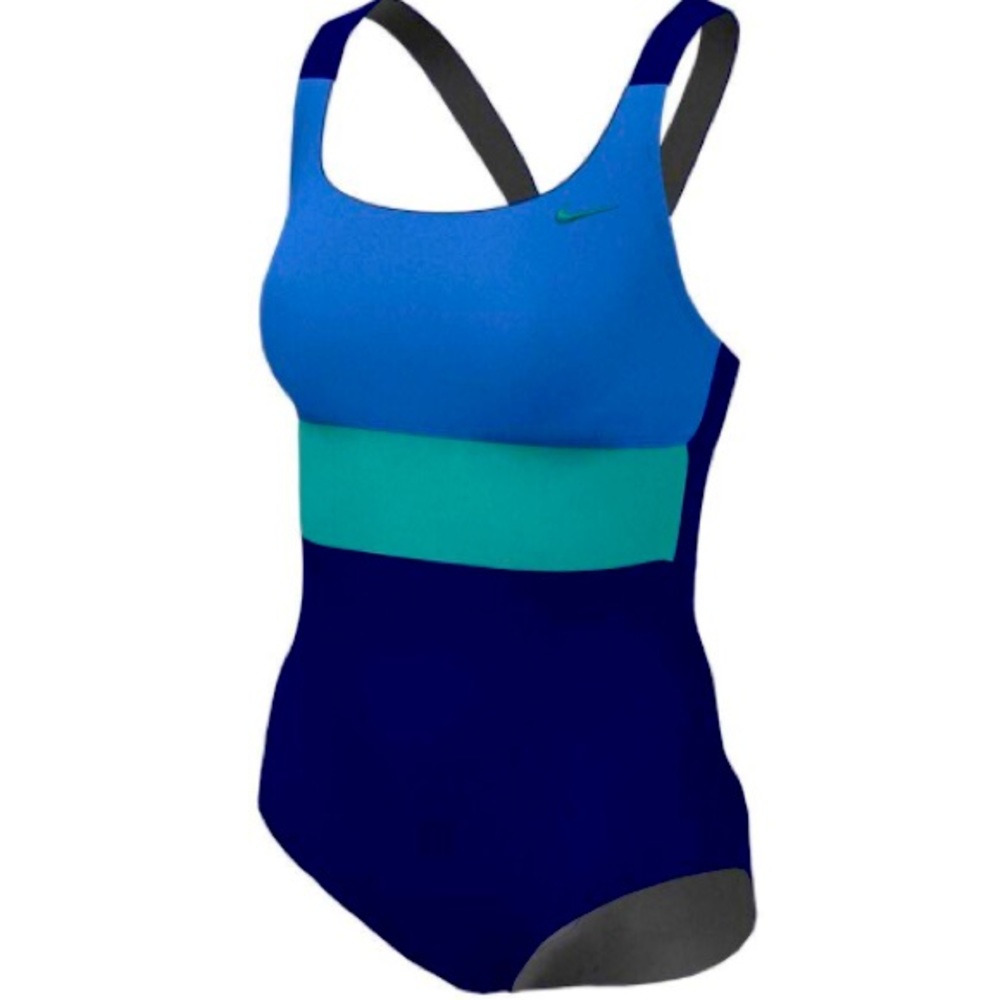 Nike colour block racer back blue and green one piece swimsuit - size XL